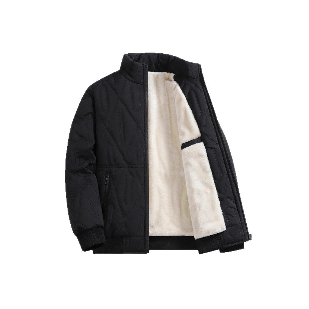 Men's padded outerwear with geometric quilting and contrast panels