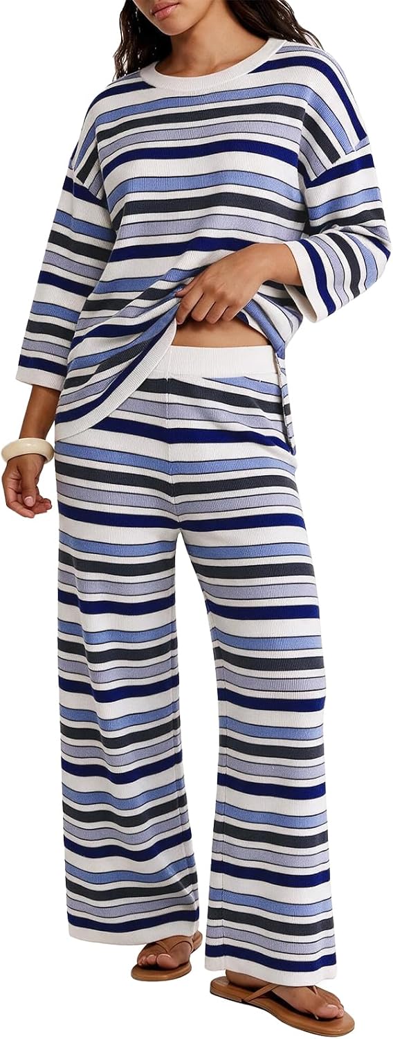 Tankaneo Womens Striped 2 Piece Sets Oversized Sweater and Wide Leg Pants