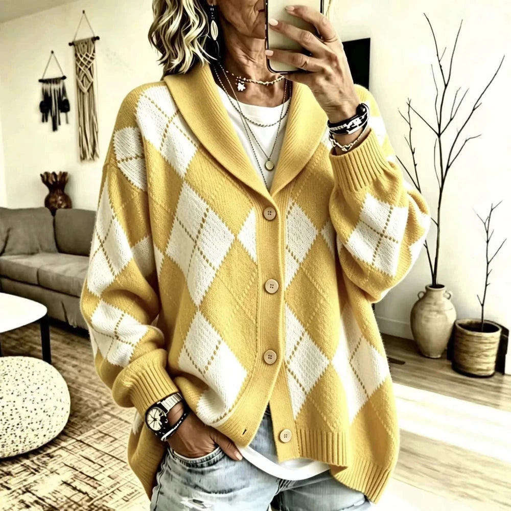 Women's Diamond Knit Collared Cardigan