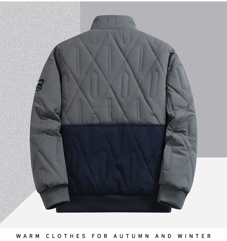 Men's winter jacket featuring a stand collar and zip front