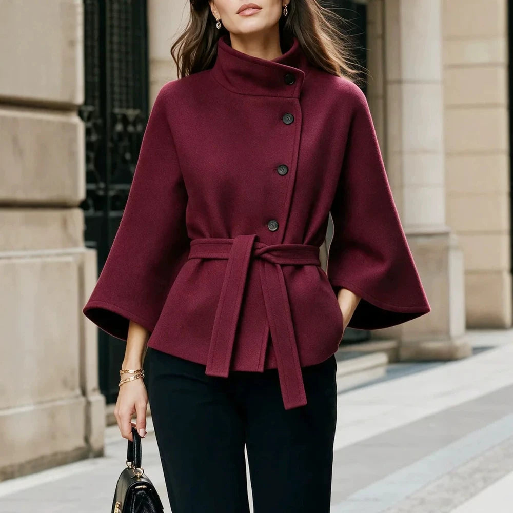 Women's Wool-Blend Cape Coat with Belt – Stand Collar & Batwing Sleeves
