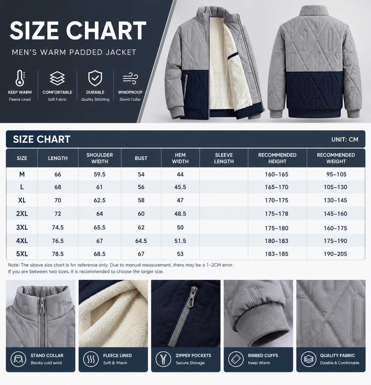 Men's fleece-lined padded jacket size and product information image