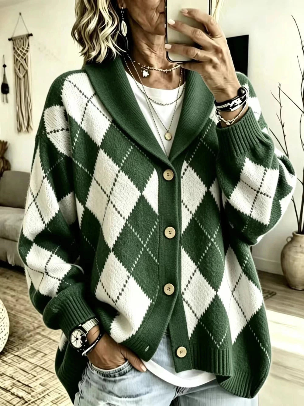 Women's Diamond Knit Collared Cardigan
