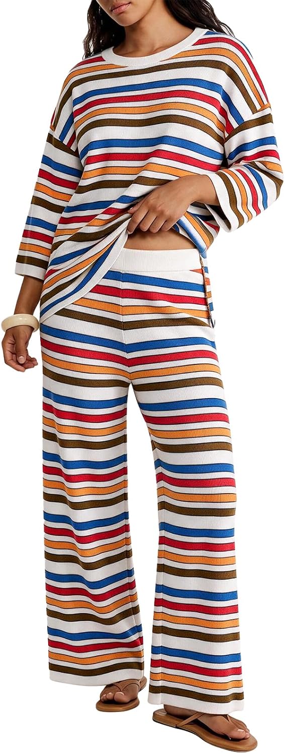 Tankaneo Womens Striped 2 Piece Sets Oversized Sweater and Wide Leg Pants