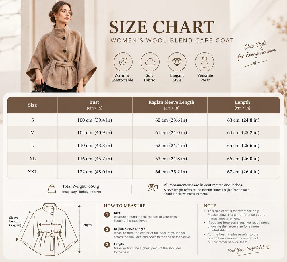 Women's Wool-Blend Cape Coat with Belt – Stand Collar & Batwing Sleeves