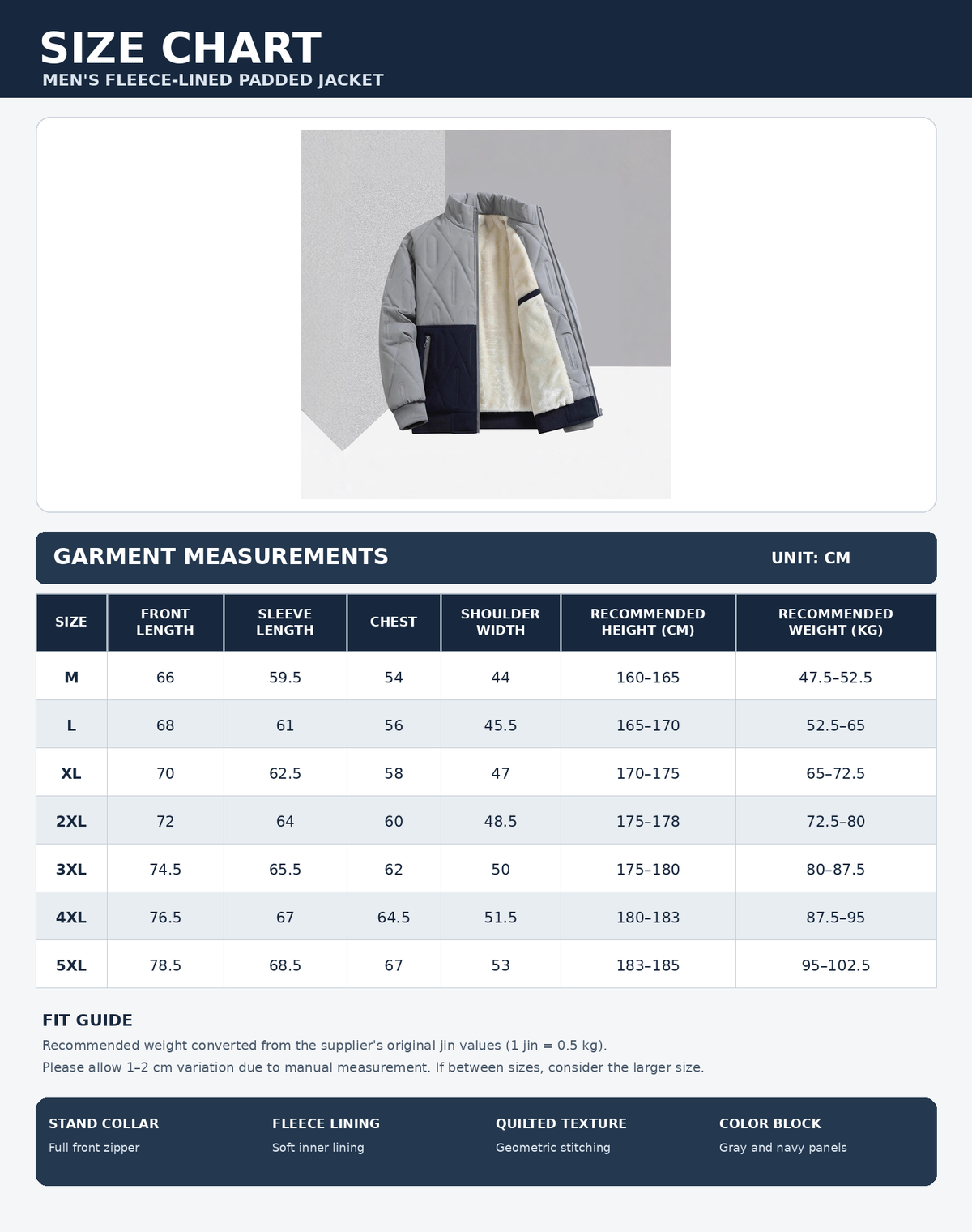 English size chart for men's gray and navy fleece-lined padded jacket